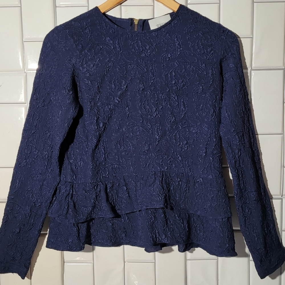 WREN Womens Long Sleeve Silk Textured Blouse Tiered Waist Exposed Rear Zipper  